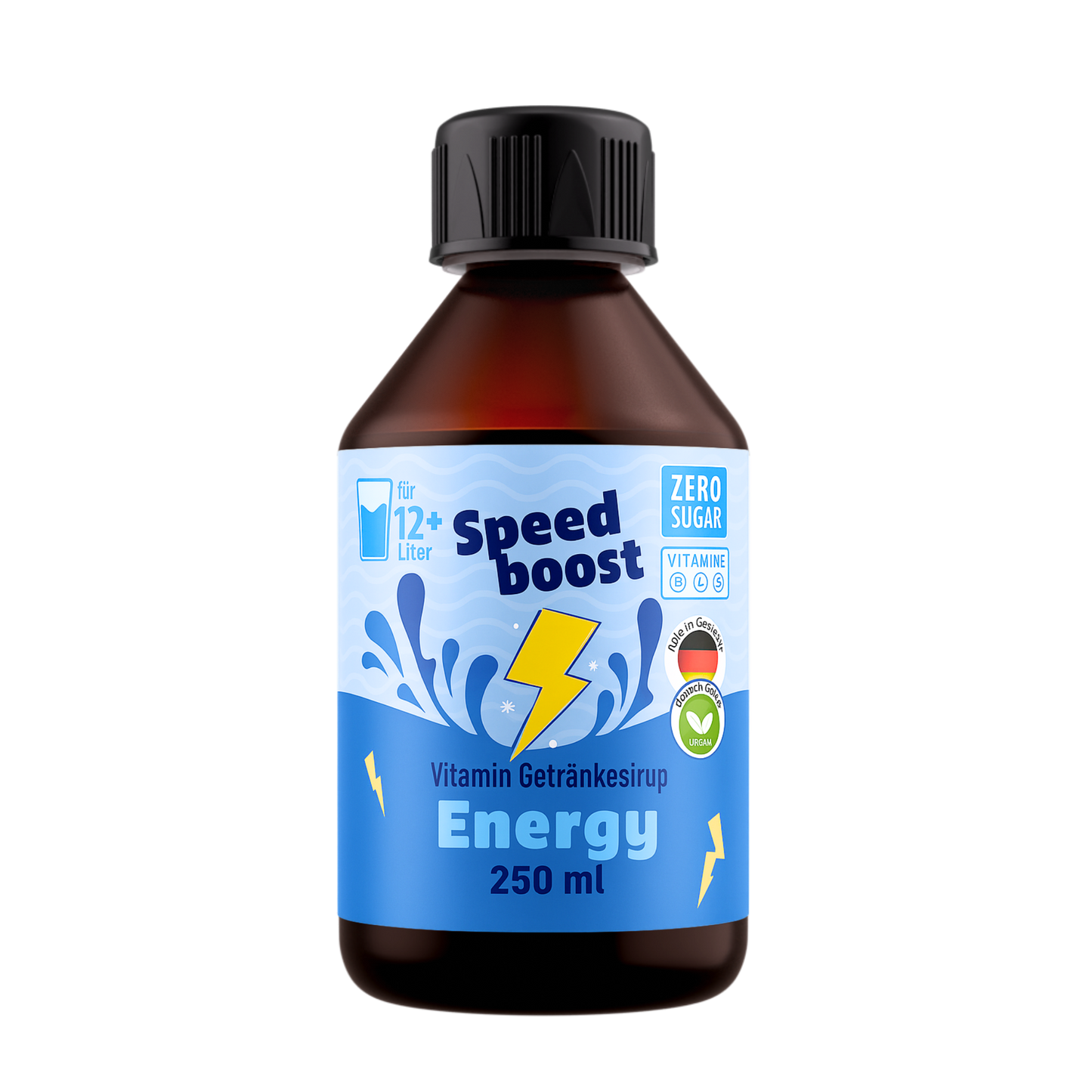 Zuckerfreier SpeedBoost Sirup von hcgcoach in einer Flasche, ideal für erfrischende Getränke und Energiedrinks.