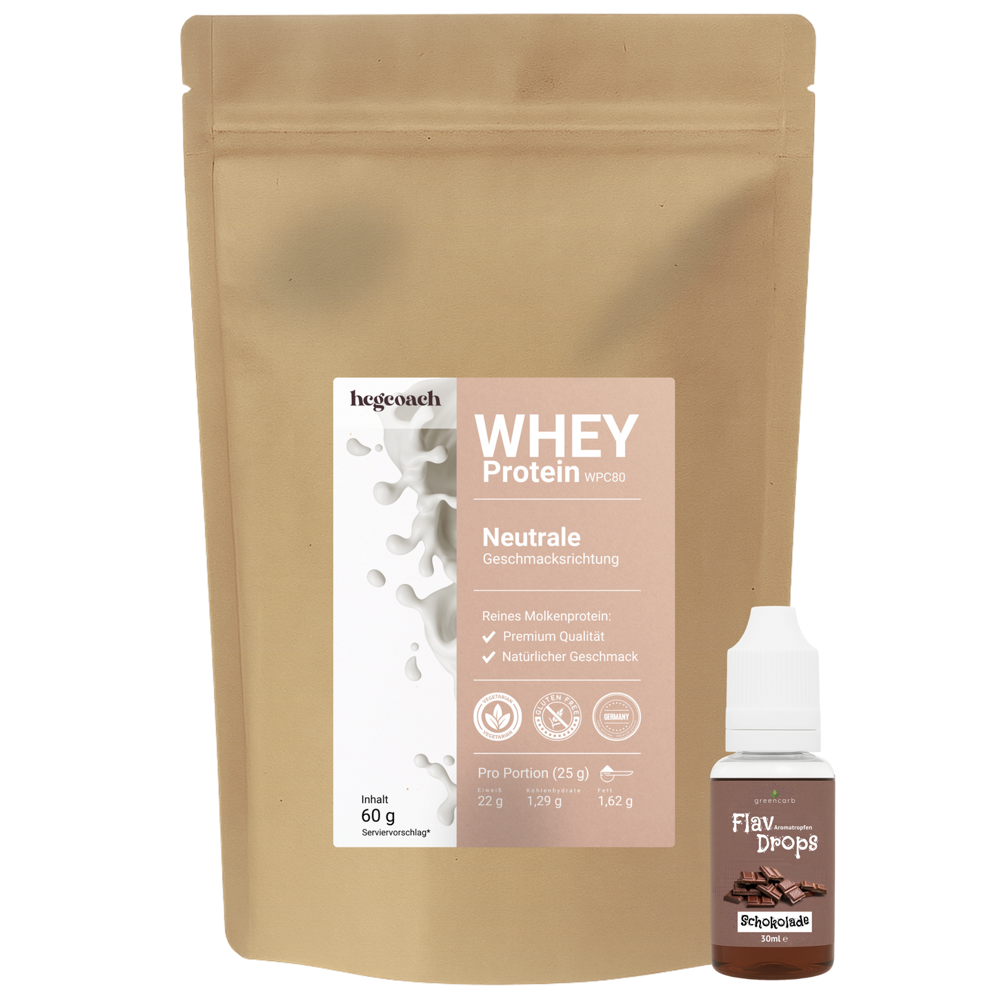 Molkenprotein WPC 80 + Aromatropfen FlavDrops