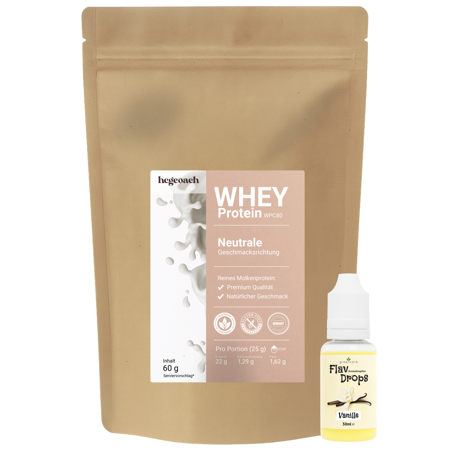 Molkenprotein WPC 80 + Aromatropfen FlavDrops