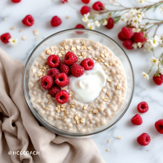 Cremiger Kokosnuss Porridge mit Himbeeren