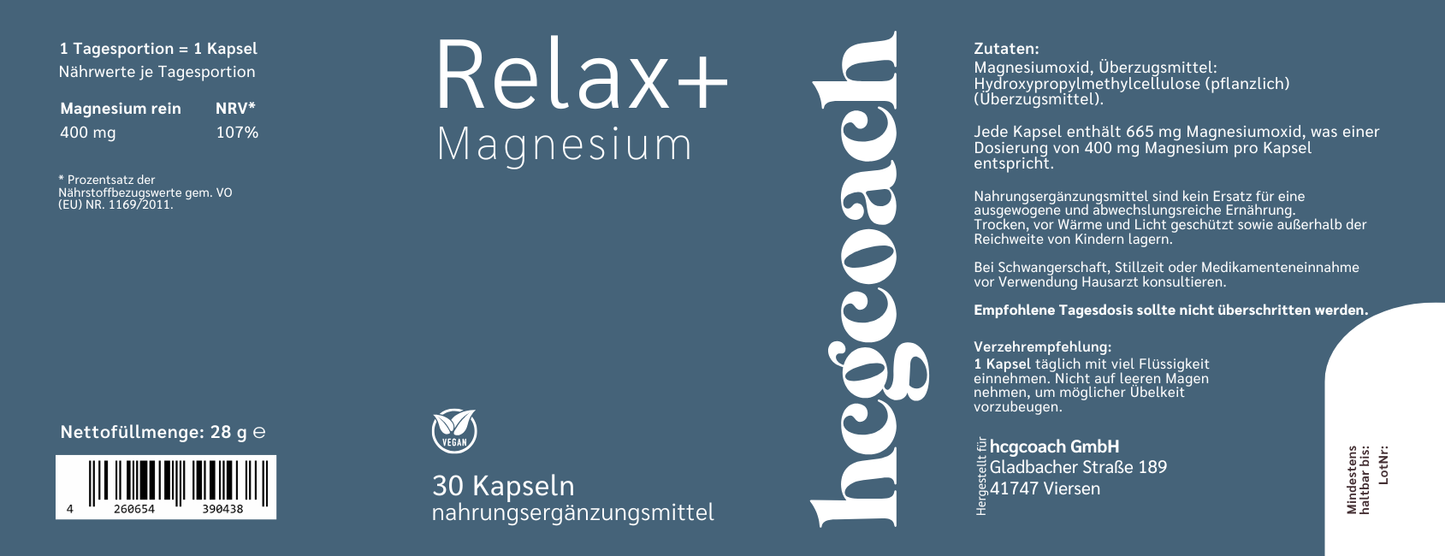 hCGC© Relax+ Magnesium Kapseln hochdosiert (30 Kapseln)