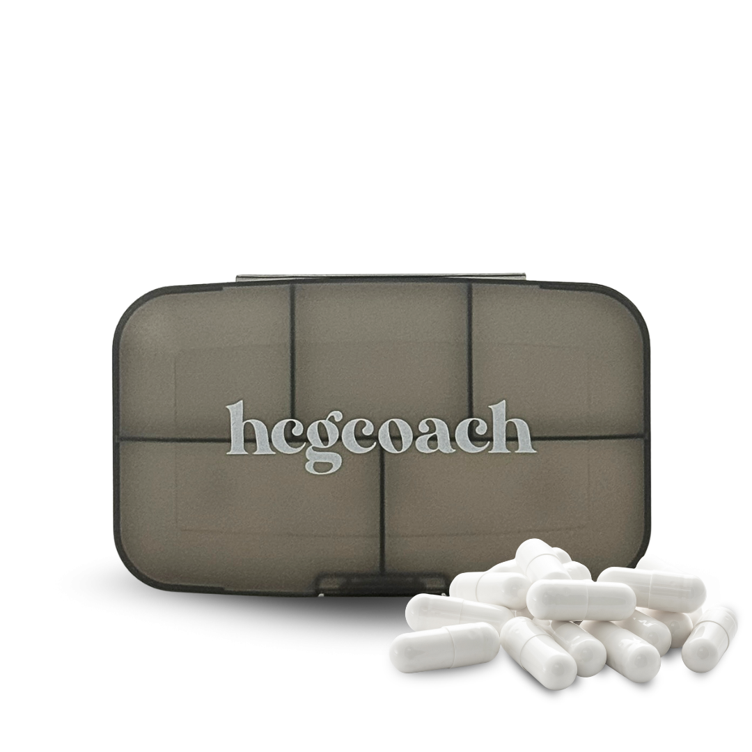 Buchsteiner transparent pill organizer with 5 compartments for easy medication storage and access.